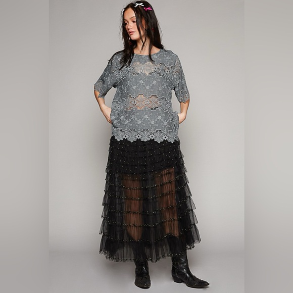 Pearl Detail Sheer Mesh Long Skirt in Black - Picture 1 of 7